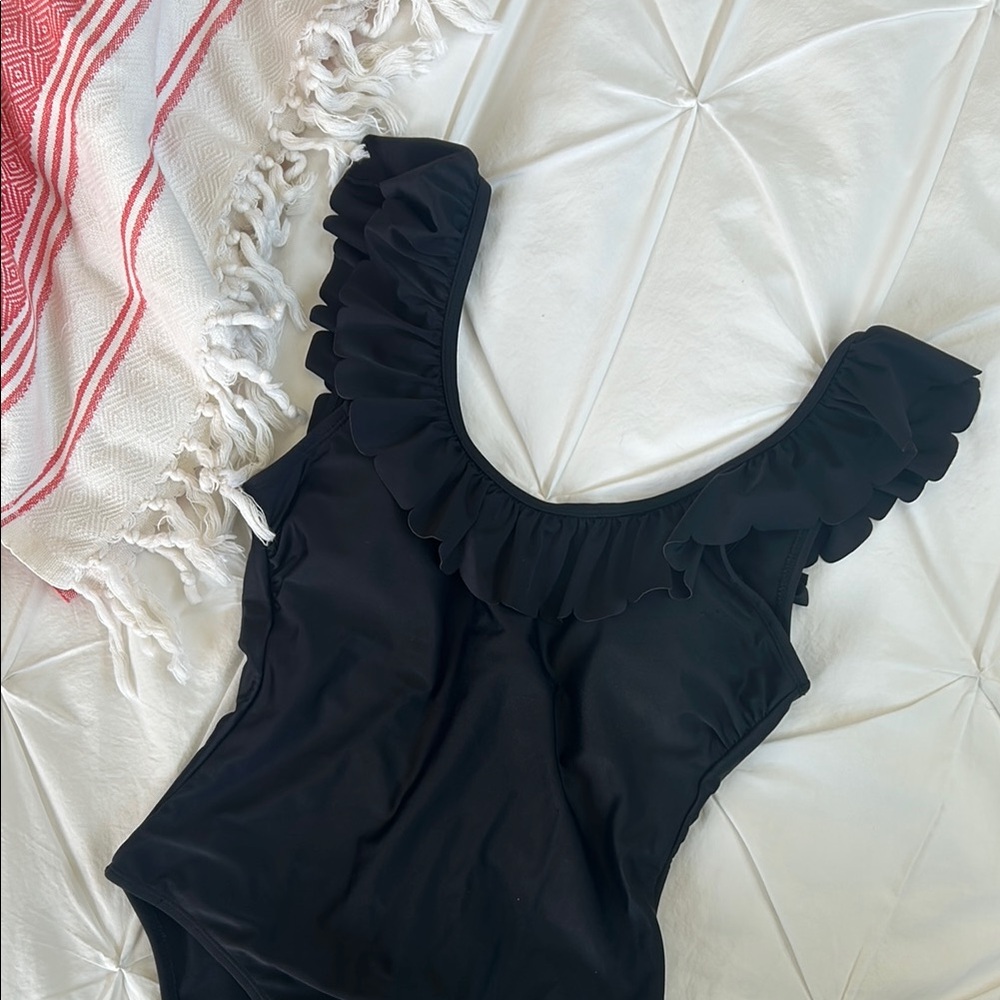 Black Ruffled One Piece Swimsuit - Size Small